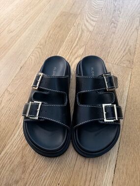 ALOHAS Black Double Buckle Slide Sandals